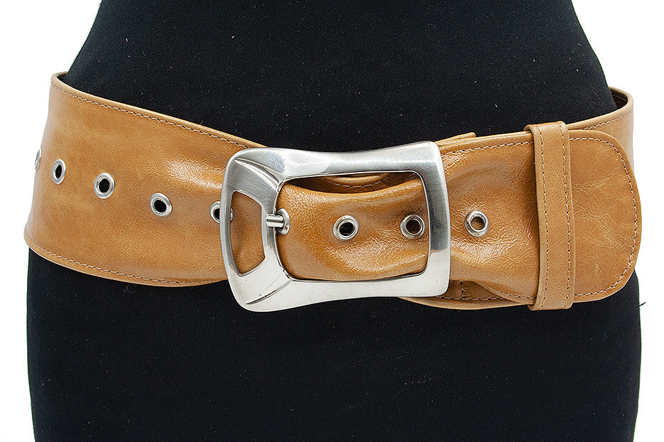 dames brede riem oker geel nappa 6 cm