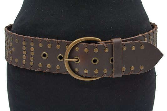 Dames riem bruin met bronzen nieten