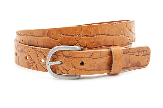 Mooie soepele cognac riem met croco print.