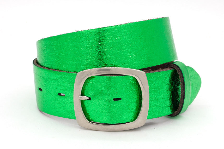 Dames jeans riem groen metallic