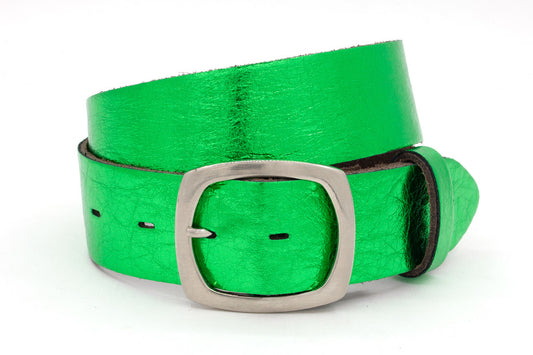 Dames jeans riem groen metallic