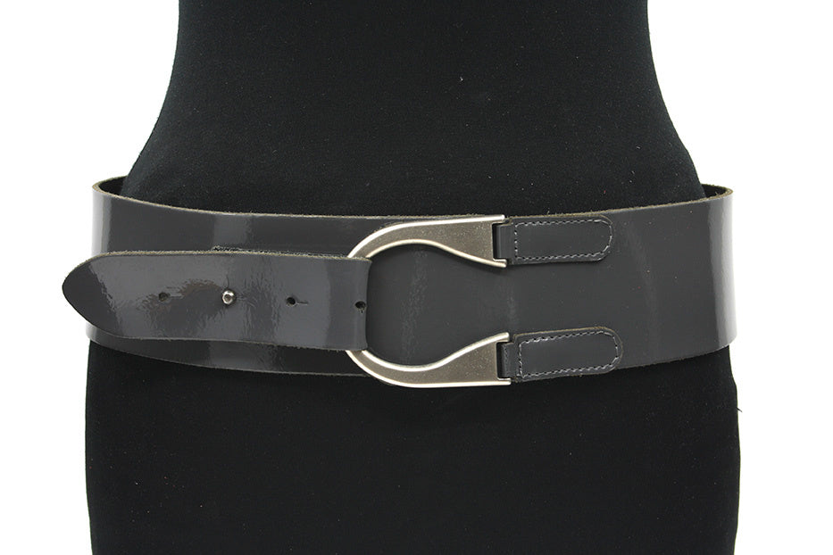 dames brede riem grijs lak leer 7 cm