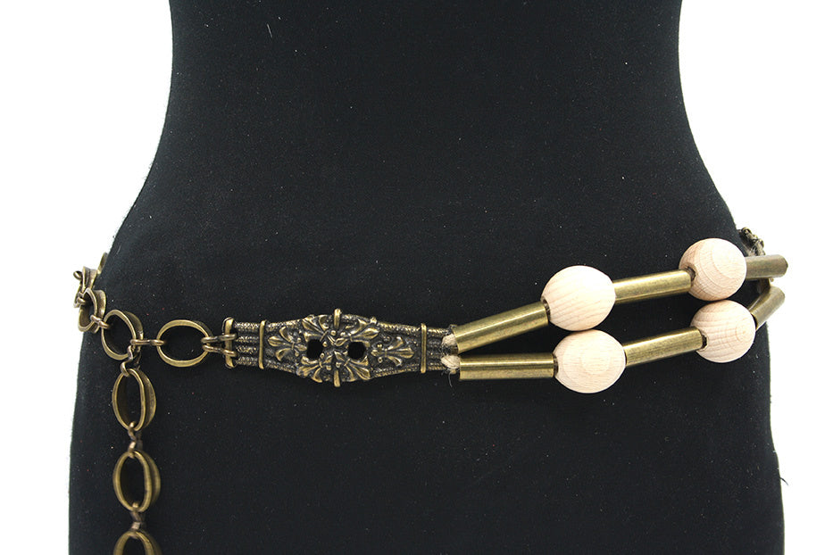 Dames kettingriem brons met houten balletjes